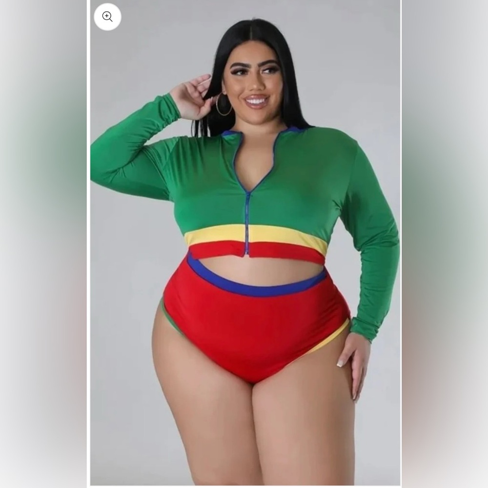 Women Island Girl Rasta Tings Tropical Long Sleeve Two-Piece Swimsuit Sz 2X NWT